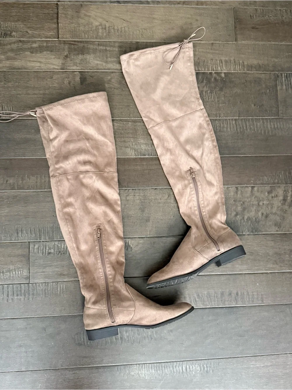 Yoki Taupe Over-The-Knee Faux Suede Zip Boots 9